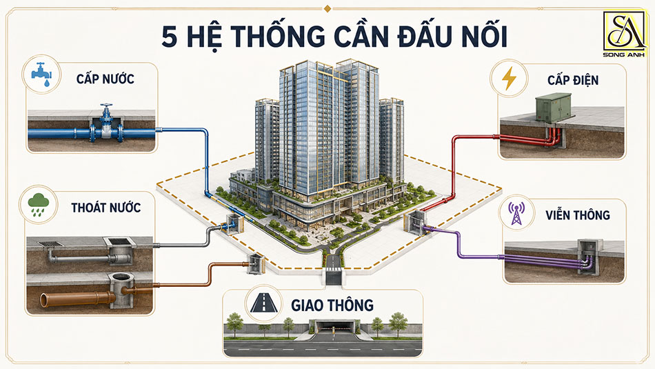 Sơ đồ 5 hệ thống đấu nối hạ tầng kỹ thuật của dự án cao tầng